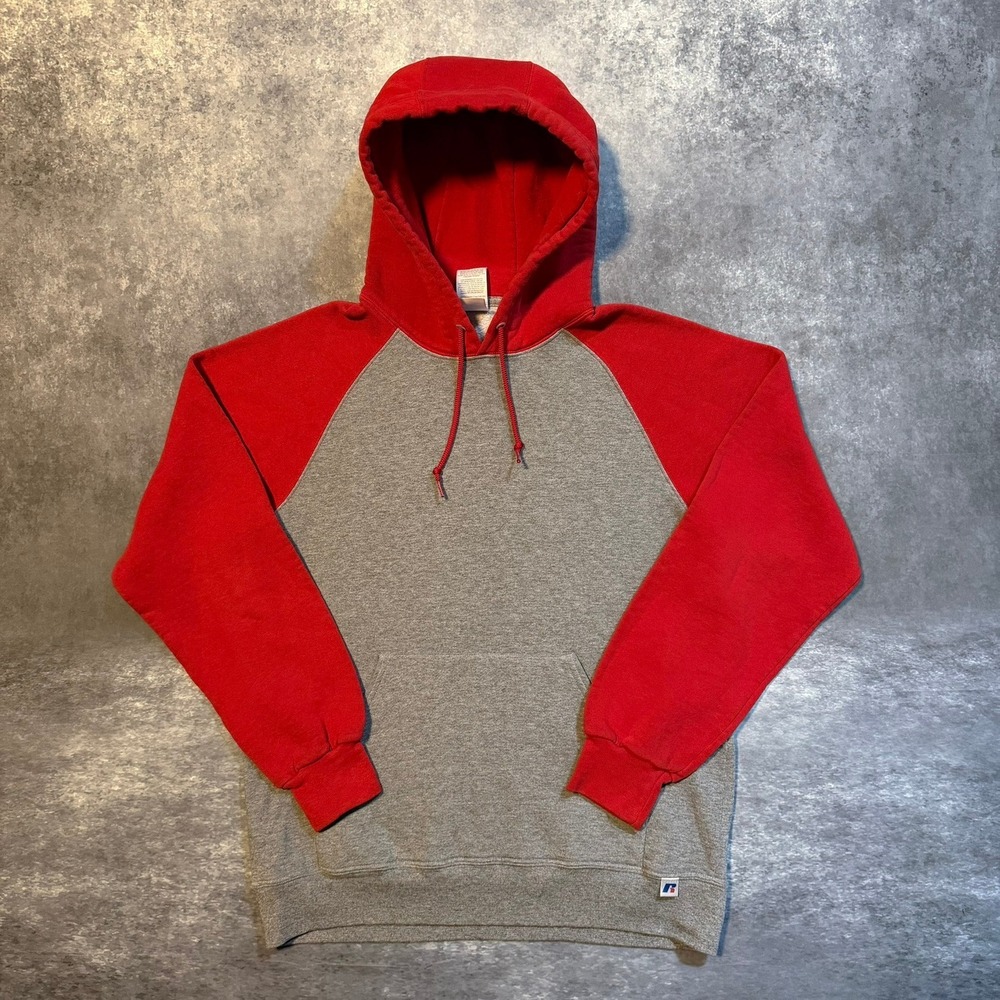 Vintage‎ Russell Athletic Mens Medium Gray Red Raglan Pullover Hoodie Sweatshirt